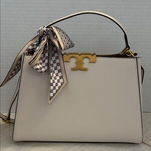 Tory Burch $700 Cream Eleanor Spazoletto Satchel with Gold Logo and Ribbon
